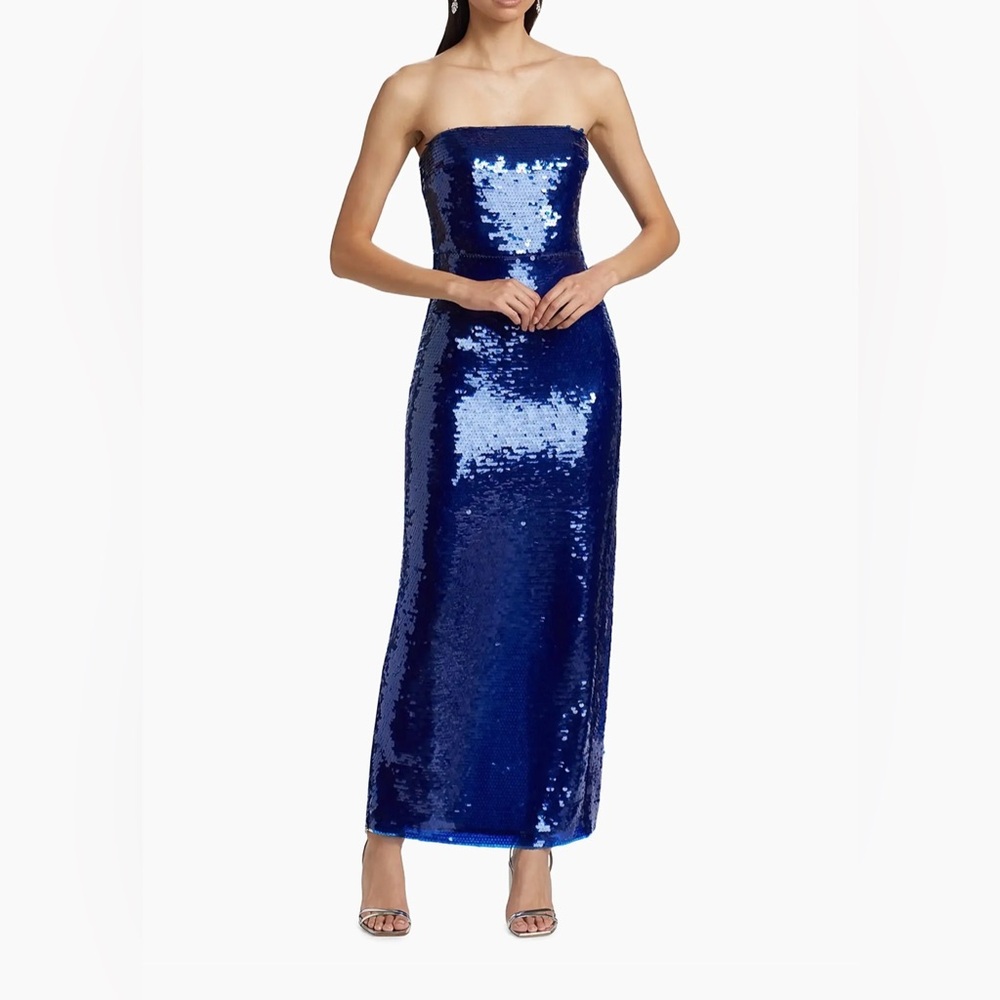 Monique Lhuillier Mira Royal Blue Sequin Strapless Maxi Dress